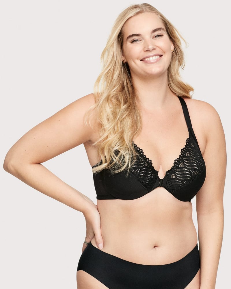 Front of a model wearing a size 42C Front-Closure T-Back WonderWire Bra in Black by Glamorise. | dia_product_style_image_id:262698
